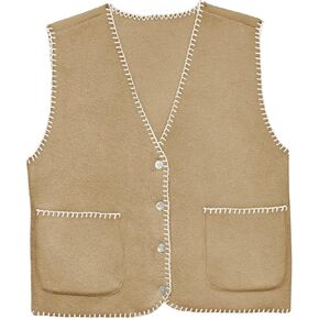 Tankaneo Womens Sherpa Fleece Vest V Neck Button Down Sleeveless Fuzzy Lightweight Fall Outerwear
