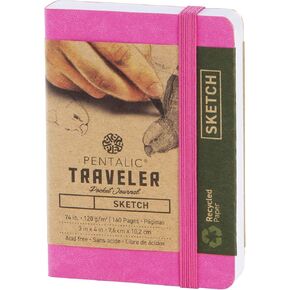 Pentalic 3" x 4" Pocket Sketchbook Traveler Journal, 160 Pages, Bright Pink