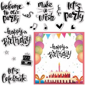 Threetols Happy Birthday Clear Stamps for Card Making, Cake Clear Rubber Stamps Sentiments Words Stamps for Holiday Card Making DIY Scrapbooking Transparent Album Decor Paper Craft
