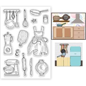 Kitchenware Clear Stamp 6.3x4.3 Cooking Tool Clear Stamp for Card Making Cake Blender Silicone Stamp Pot Egg Rubber Stamps Spice Bottle Transparent Stamps for DIY Scrapbooking Journal Decor
