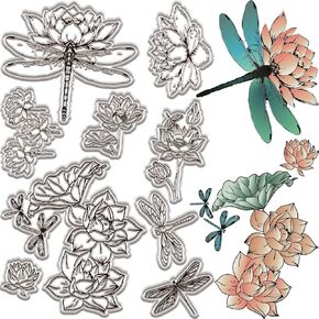 CRASPIRE Lotus Clear Rubber Stamps Deagonflies Flowers Background Transparent Silicone Sealing Stamp Reusable Vintage Seals Stamp for DIY Scrapbooking Journaling Card Making Photo Albums Decor