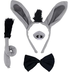 4pcs Donkey Costume Accessories Set, Funny Cute Donkey Ears Headband Nose Tail Bow Tie Animal Fancy Dress up Outfit Halloween Christmas Party Cosplay Kit for Adults Kids Girls Boys