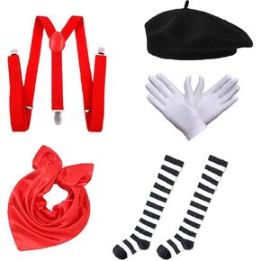 5 Pcs Mime Artist Costume Accessories Set Women French Mime Cosplay Outfit Includes Black Beret Red Suspender Scarf White Gloves and Black White Stripe Socks for Halloween Theme Party Dress up Decor