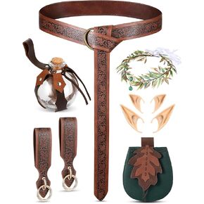8 Pcs Women Renaissance Accessories Medieval Viking Belt Pouch Fairy Headband Elf Ears Potion Bottle Skirt Hikes(Green,Maple Leaf Style)