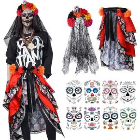 Berlune 10 Pcs Halloween Day of the Dead Costumes for Women Include Multicolor Tie on Bustle Dia De Los Muertos Headband with Black Lace Veil 8 Sheets Face Tattoo Stickers for Party Cosplay Supplies