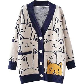 Gihuo Women Cat Sweater Oversized Cute Kawaii Cardigan Knit Graphic V Neck Loose Fit Long Sleeve Cardigan Coat