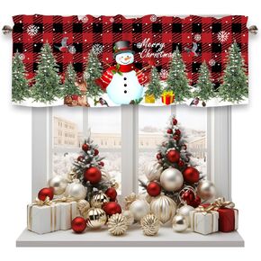 Christmas Curtain Valance for Windows Red Black Buffalo Check Plaid Snowflake Snowman with Christmas Tree Winter Holiday Window Treatments Short Curtains for Kitchen Windows Bathroom,54 x 18 Inch