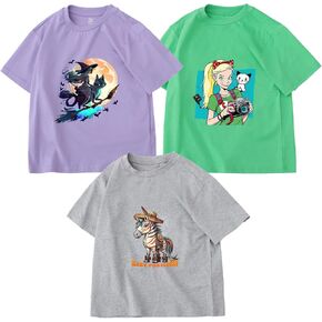 Girls T-Shirts 3 Pack Short Sleeve Graphic Tee Shirt Cotton Tops Toddler Teen Clotehs 2-13Years