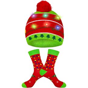 Christmas Beanie Light Up Winter Hat Xmas Holiday Socks, Gifts for Men Women Teens