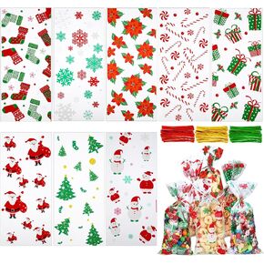 Boao 200 Pieces Christmas Cellophane Bags Xmas Clear Treat Bags Candy Goodies Bags with Twist Ties for Christmas Party Supplies