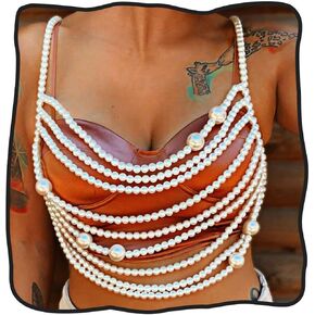 DRESBE Layered Pearl Beads Body Chain Silver Summer Beach Bikini Chest Chains Bra Accessories for Women