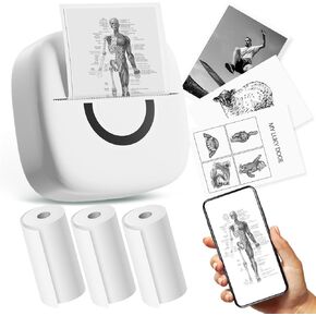 Mini Printer Sticker Thermal Printer with 3 Rolls Paper, Bluetooth Portable Phone Printer,Study Printer for Pictures, Photos, Journals, DIY, Compatible with Phone & Tablet.