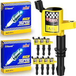 High Performance 8PCS Straight Boot Ignition Coils& Spark Plug SP546 15% More Energy Ford F150 F250 F350 for Ford Lincoln Mercury V8 V10 4.6l 5.4l 6.8l Compatible with DG511 C1541 FD508 (YELLOW)