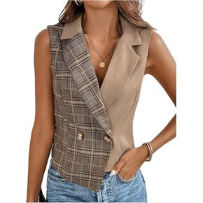 MakeMeChic Women's Plaid Asymmetrical Button Front Sleeveless Vintage Blazer Vest Jacket Waistcoat