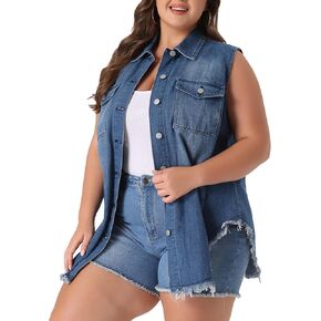 Agnes Orinda Women's Plus Size Button Up Frayed Hem Shacket Sleeveless Denim Jean Jacket Vest