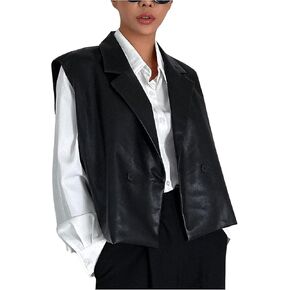 Milumia Women's PU Leather Vest Sleeveless Lapel Button Down Oversized Waistcoat Jacket