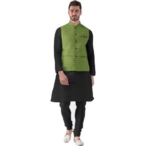Elina fashion Men's Banglori Silk Kurta Pajama Set & Checked Nehru Jacket (Waistcoat) Designer Indian Diwali Ethnic Wear