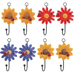 Notakia 8pcs Resin Daisy Flower Wall Hooks Decoration Hanging Coat Hooks Vintage Art Printing Iron Hook Key Hat Towel Wall Mounts Hooks Home Decor