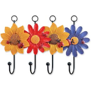 Notakia 8pcs Resin Daisy Flower Wall Hooks Decoration Hanging Coat Hooks Vintage Art Printing Iron Hook Key Hat Towel Wall Mounts Hooks Home Decor