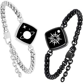 Long Distance Touch Bracelets Jewelry Set, Remote Smart Connection Love Bracelet,Send SOS SMS Relationship Bracelets Moon Stars for Couples Lovers Family Friends Festivals Valentine's Day Gifts Silver