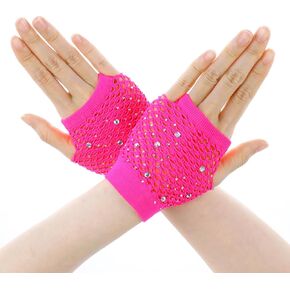 Lusofie Rhinestone Fishnet Gloves Short Hot Pink Nylon Fishnets Gloves Women Girls 80s Party Accessories Net Mesh Fingerless Gloves for Cosplay Halloween Theme Party Costumes Performance (Hot Pink)