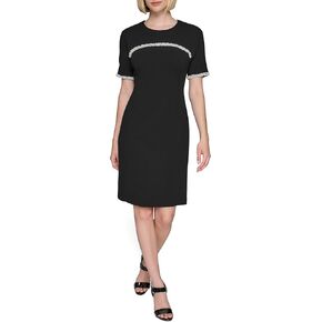 KARL LAGERFELD Women's Pearl Trim Short Sleeve Round Neck Sheath Dress