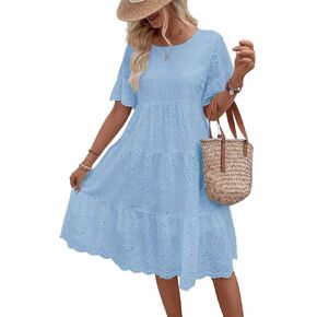 chouyatou Women's Lace Eyelet Short Sleeve Tiered Midi Long Dress Ruffle Hem Babydoll Short Dress