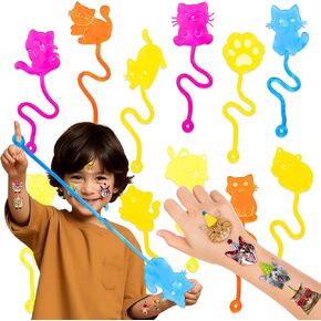 36PCS Cat Party Favors - 24PCS Temporary Tattoos 12PCS Sticky Hands Perfect Birthday Supplies for Kids Stretchy Fidget Goodie Bag Stuffers Treasure Box Toys Classroom Prizes Student Gifts
