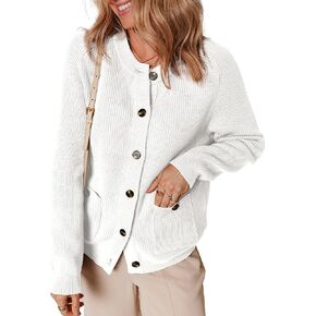 Dokotoo Cardigan Sweaters for Women Casual Long Sleeve Crewneck Button Down Cable Knit Sweater Tops with Pockets