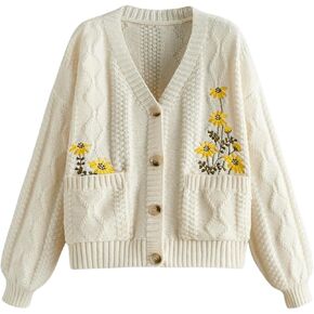 GORGLITTER Women's Flower Embroidery Button Up Oversized Cardigan Chunky Cable Knit Fall Trendy Long Sleeve Sweaters