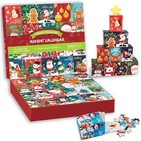Christmas Puzzle Advent Calendar 2024 1000 Pieces Puzzles for Adults Advent Jigsaw Puzzle for Kids with 24 Boxes for 24 Days Countdown Calendar Perfect for Christmas and Holiday Gift（27.6"*19.7"）