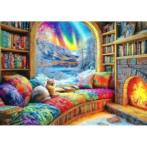 Northern Lights Landscape Jigsaw Puzzles for Adults Fantasy Fairy Cat 1000 Piece Book Room Puzzle for Adults with Letters on Back Challenging Family Puzzle