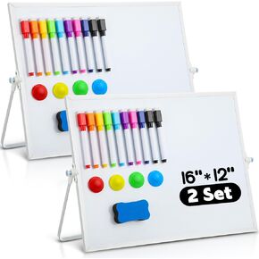 2 Set Magnetic Desktop Whiteboard with Stand 16 x 12 Dry Erase White Board Set Large Dry Erase Calendar Portable White Board Easel with 10 Markers 8 Magnets 2 Erasers for Kid Memo School (White Frame)