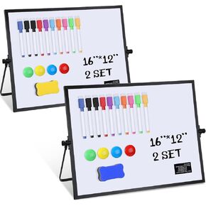 2 Set Magnetic Desktop Whiteboard with Stand 16 x 12 Dry Erase White Board Set Large Dry Erase Calendar Portable White Board Easel with 10 Markers 8 Magnets 2 Erasers for Kid Memo School (White Frame)