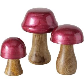 WHW Whole House Worlds Farmers Market Mushrooms, Set of 3, Decorative Figurines, Art, Bright Red with White Dots and Natural, Mango Wood, 2.75 Inches in Kuwait