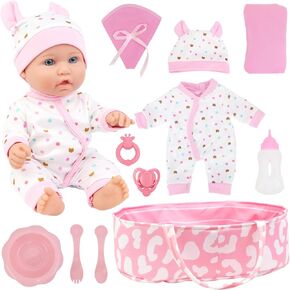 ZITA ELEMENT 12 Inch Baby Doll with Accessories for Baby Doll Reborn Includes Carrier Bassinet Bed, Pacifier, Blanket, Pillow, Feeding Set, New Born Baby Doll Playset for Toddlers 3 Ages and Up