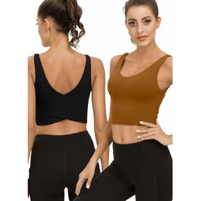 SIGNEALA Sports Bras for Women Longline - V Neck Padded Crop Top with Built-in Bra for Workout Yoga Gym 2 Pack