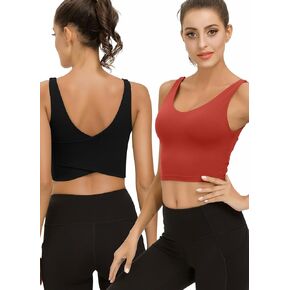 SIGNEALA Sports Bras for Women Longline - V Neck Padded Crop Top with Built-in Bra for Workout Yoga Gym 2 Pack