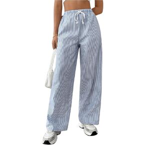 Women's Striped Print Straight Wide Leg Linen Pants Drawstring Waist Slant Pockets Pants Casual Long Pants