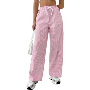 Women's Striped Print Straight Wide Leg Linen Pants Drawstring Waist Slant Pockets Pants Casual Long Pants