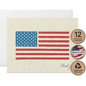 Twigs Paper - American Flag Thank You Cards - Blank Patriotic Stationary Cards w/Envelopes - Greeting Card for Veteran's Day, Memorial Day, 4th of July & More - Made In USA - 5.5" x 4.25" (Set of 12)