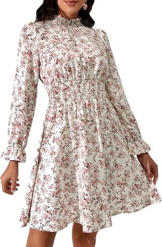 Women Long Sleeve Fall Wedding Guest Dress 2024 High Neck Flowy Smocked Dresses in Kuwait