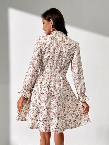 Women Long Sleeve Fall Wedding Guest Dress 2024 High Neck Flowy Smocked Dresses in Kuwait