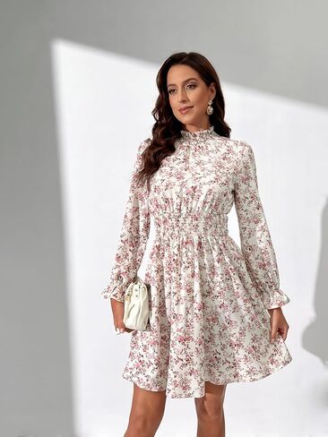 Women Long Sleeve Fall Wedding Guest Dress 2024 High Neck Flowy Smocked Dresses in Kuwait