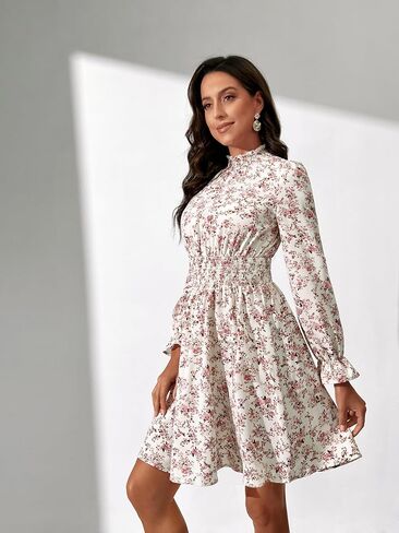 Women Long Sleeve Fall Wedding Guest Dress 2024 High Neck Flowy Smocked Dresses in Kuwait