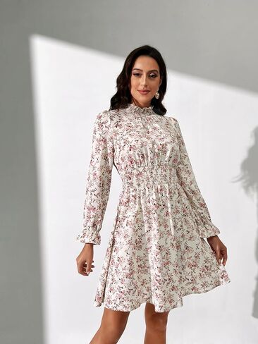 Women Long Sleeve Fall Wedding Guest Dress 2024 High Neck Flowy Smocked Dresses in Kuwait