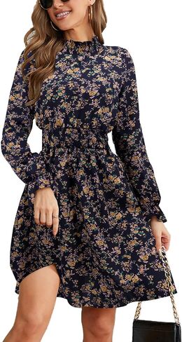 Women Long Sleeve Fall Wedding Guest Dress 2024 High Neck Flowy Smocked Dresses in Kuwait