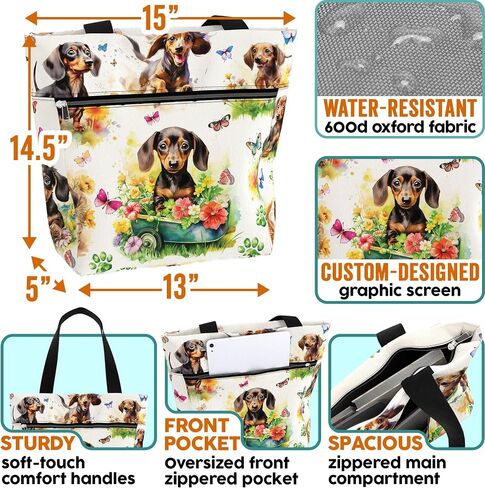 84hoods Large Waterproof Tote Bag with Pockets and Zipper for Work. Gift for Women Dachshund Lovers and Owners. in Kuwait