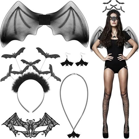 6 قطع من أزياء الخفافيش الهالوين للنساء من Yoiemivy، تتضمن ملحقات الخفافيش أجنحة فراشة سوداء، وعصابة رأس الخفافيش، وقناع العين من الدانتيل، وقلادة الخفاش، وأقراط الخفاش، وجوارب من الدانتيل للحفلات التنكرية in Kuwait