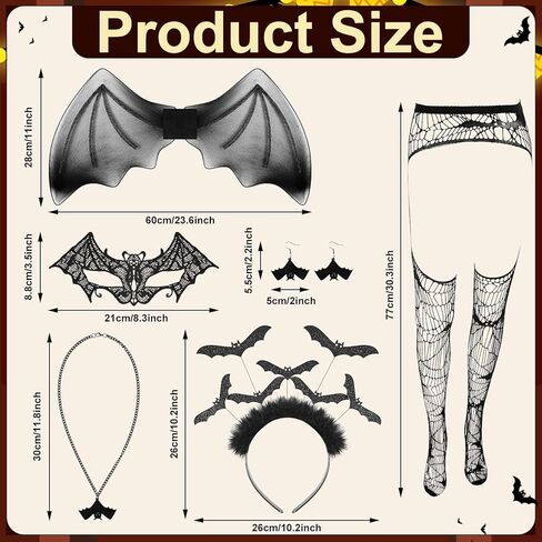 6 قطع من أزياء الخفافيش الهالوين للنساء من Yoiemivy، تتضمن ملحقات الخفافيش أجنحة فراشة سوداء، وعصابة رأس الخفافيش، وقناع العين من الدانتيل، وقلادة الخفاش، وأقراط الخفاش، وجوارب من الدانتيل للحفلات التنكرية in Kuwait